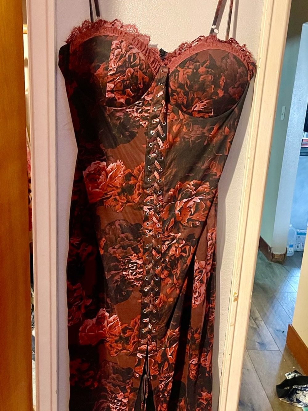 Fashion Nova Strapless Floral Corset Maxi Dress in Black and Burgundy